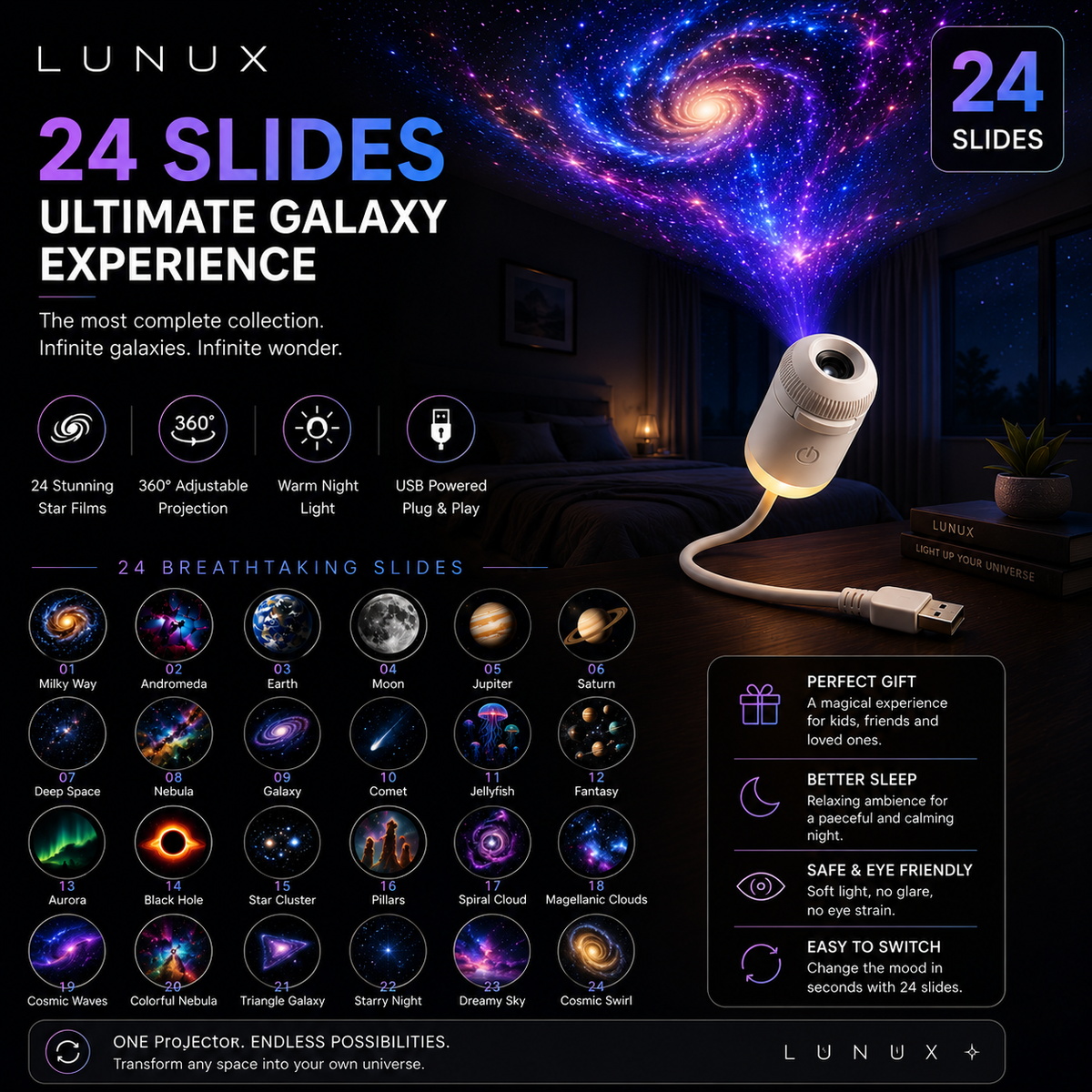 LUNUX Galaxy Projector Night Light